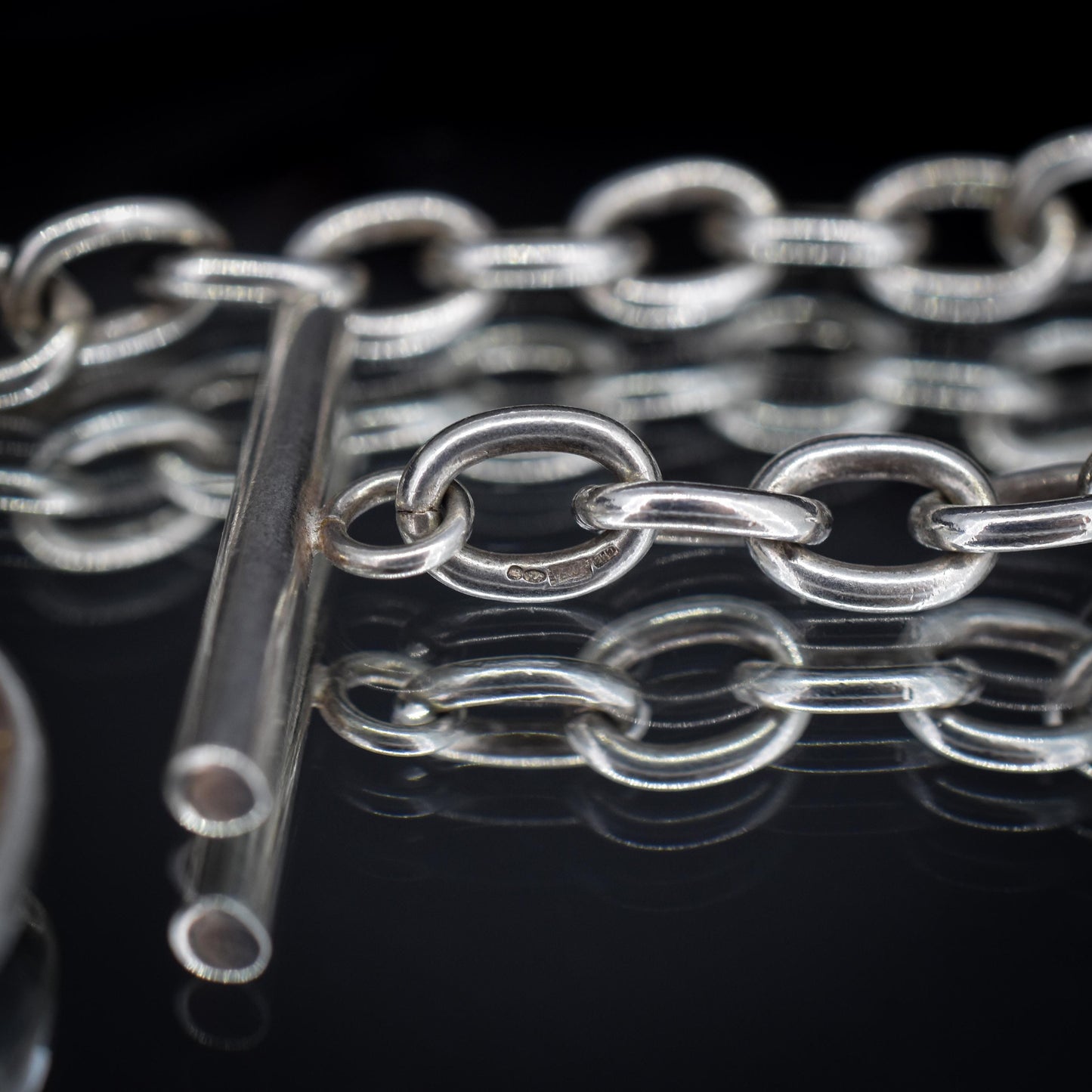 Vintage Silver Oval Cable Link Toggle Paste Heart Chain Necklace 16.5" Length