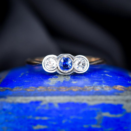 Antique Sapphire and Diamond 18ct Yellow Gold Three Stone Ring