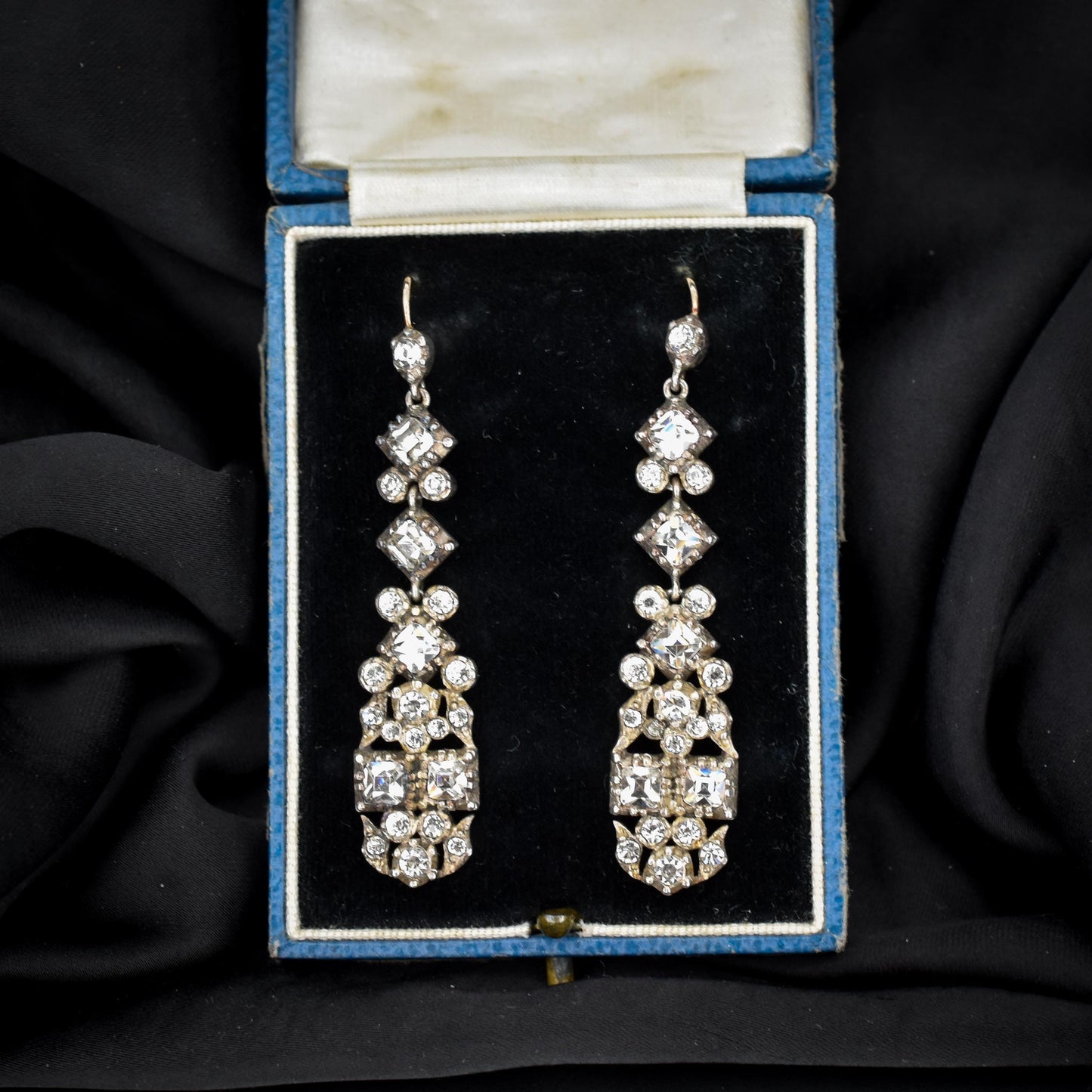 Antique Boxed Old Cut Paste Gold and Silver Drop Earrings