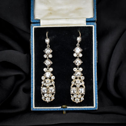 Antique Boxed Old Cut Paste Gold and Silver Drop Earrings