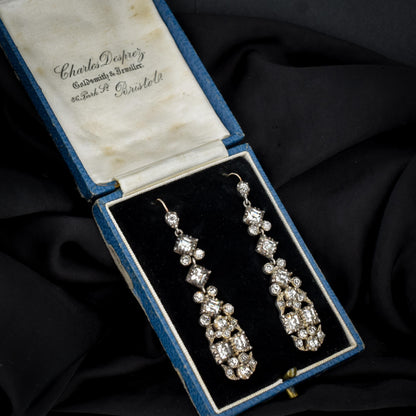 Antique Boxed Old Cut Paste Gold and Silver Drop Earrings