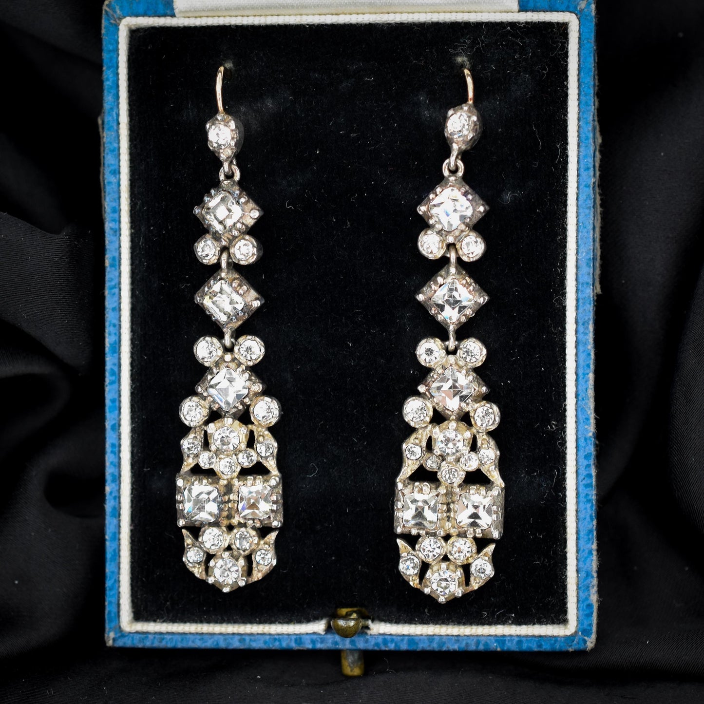 Antique Boxed Old Cut Paste Gold and Silver Drop Earrings