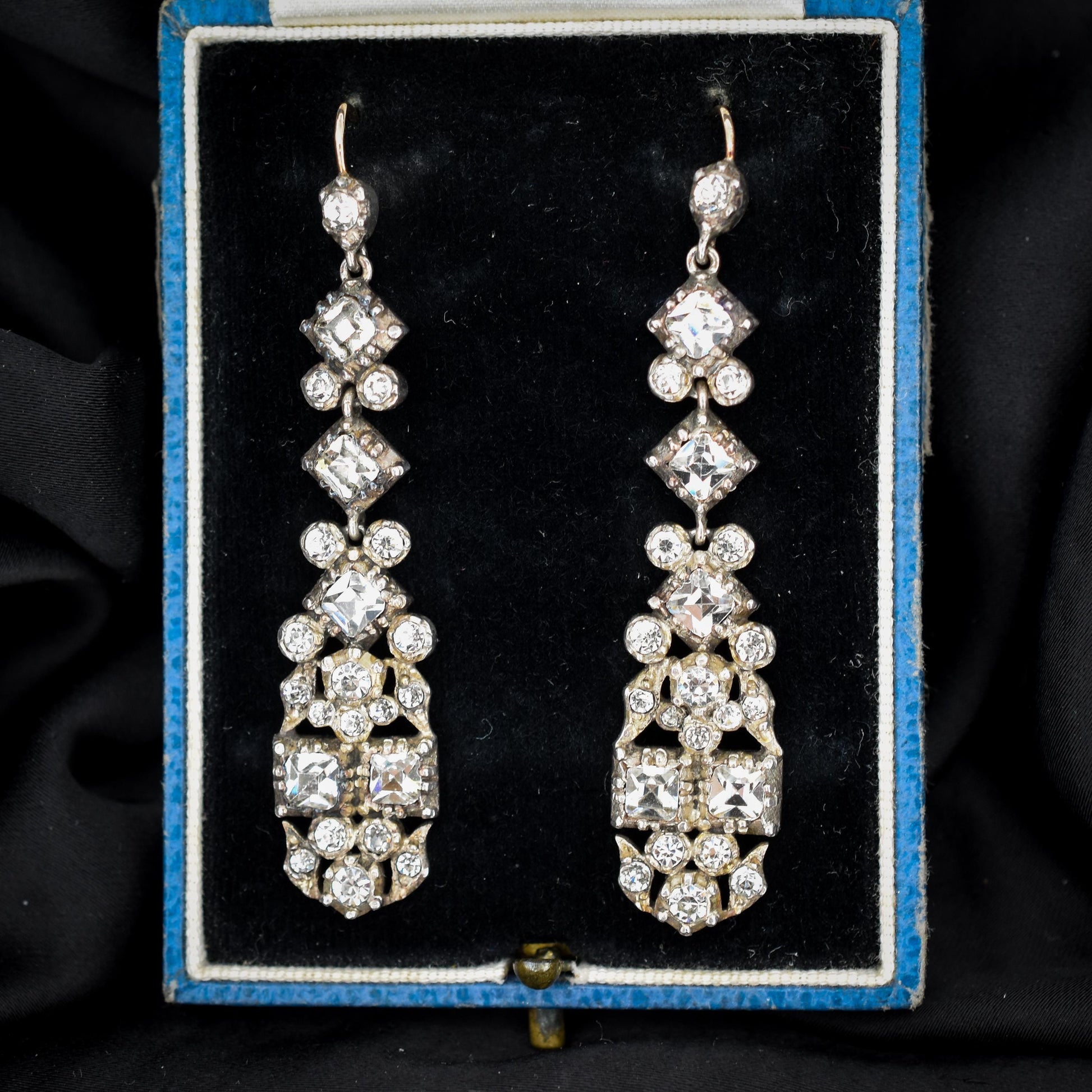 Antique Boxed Old Cut Paste Gold and Silver Drop Earrings