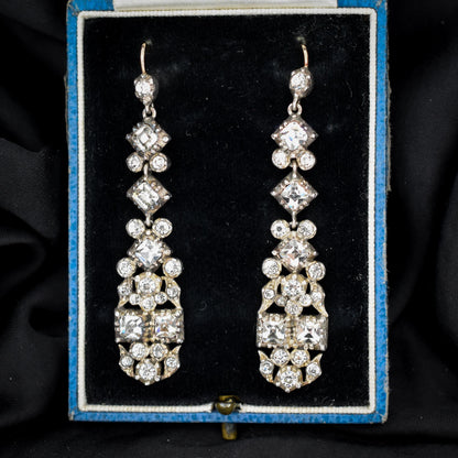 Antique Boxed Old Cut Paste Gold and Silver Drop Earrings
