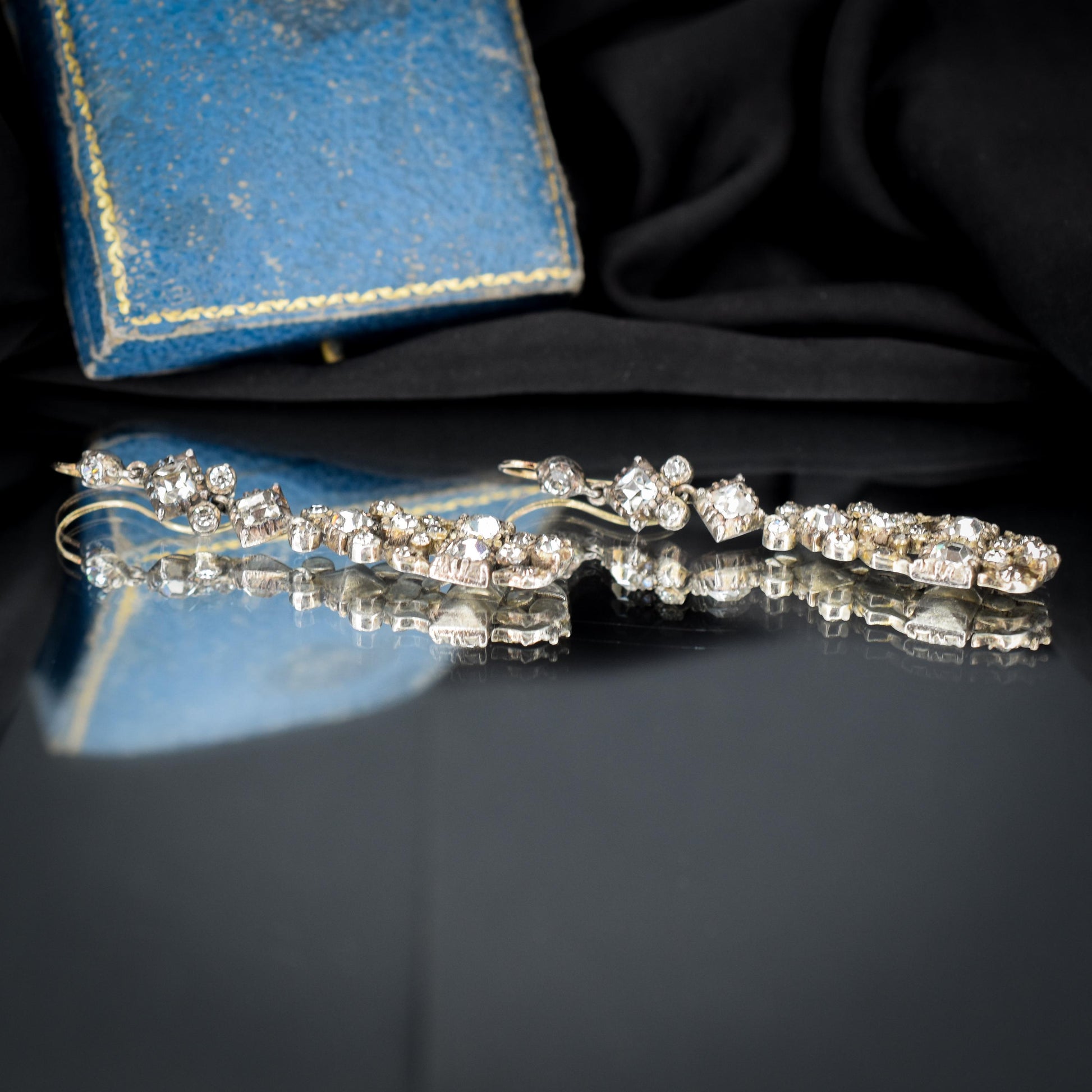 Antique Boxed Old Cut Paste Gold and Silver Drop Earrings