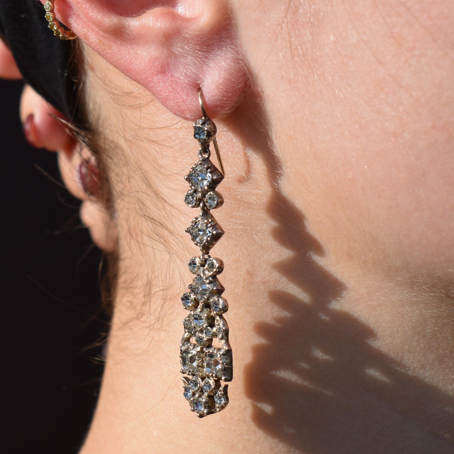 Antique Boxed Old Cut Paste Gold and Silver Drop Earrings