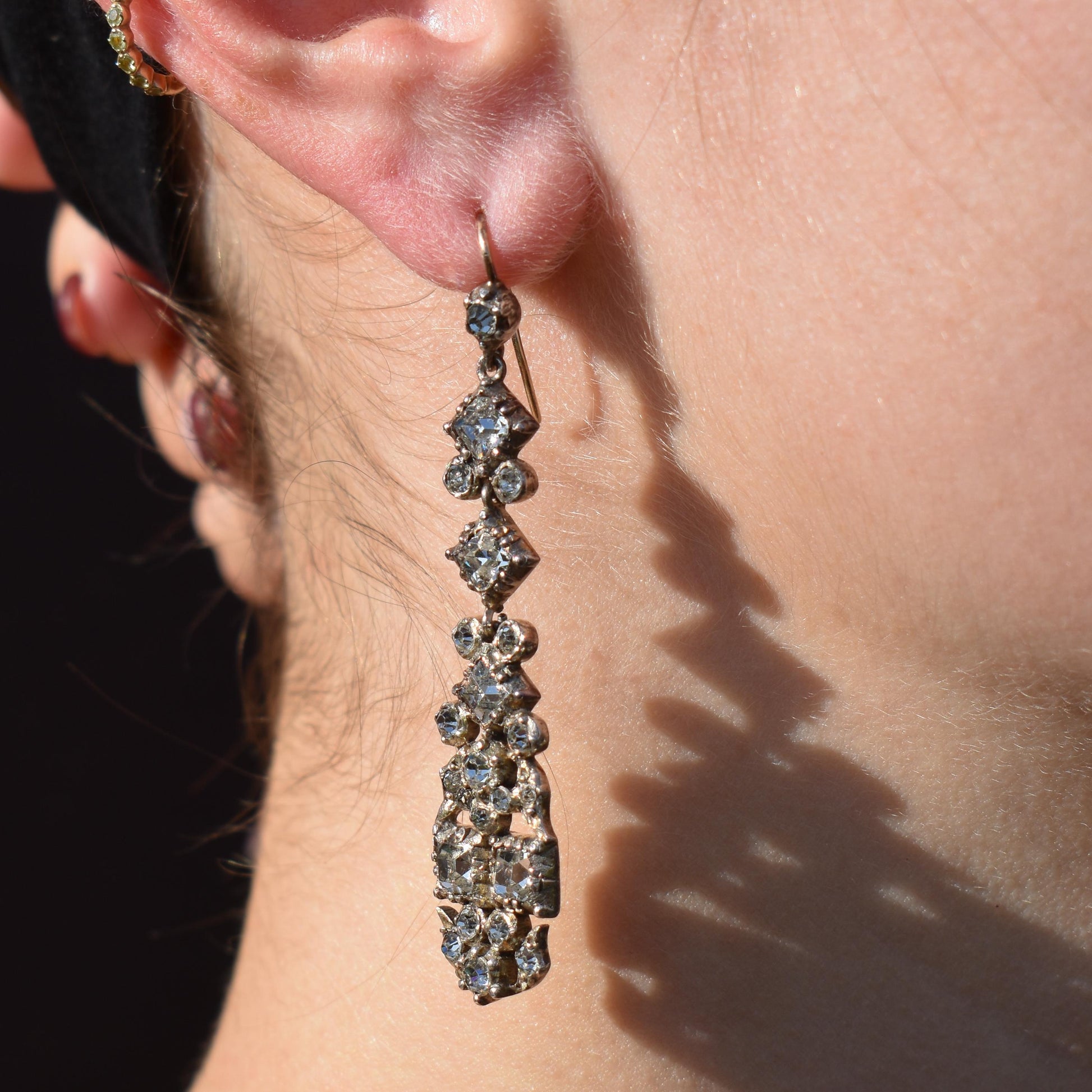 Antique Boxed Old Cut Paste Gold and Silver Drop Earrings