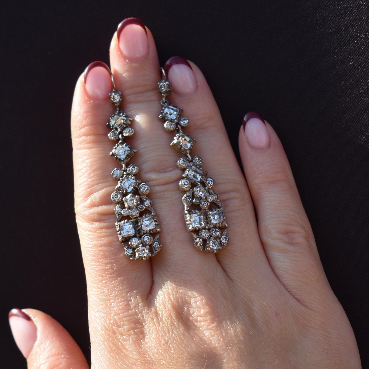 Antique Boxed Old Cut Paste Gold and Silver Drop Earrings