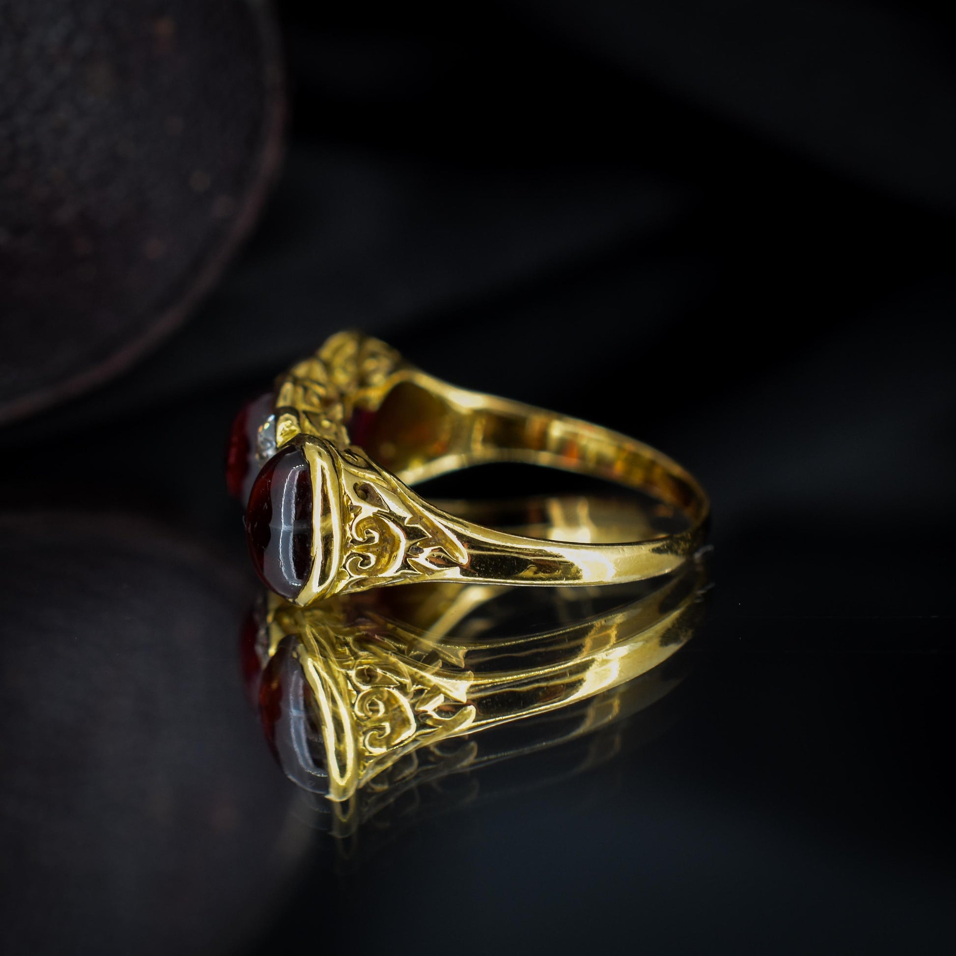 Antique Cabochon Garnet and Diamond 18ct Gold Scroll Ring