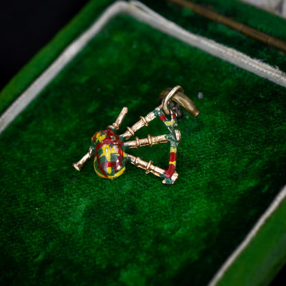 Vintage Tartan Enamel Bagpipes 9ct Gold Charm