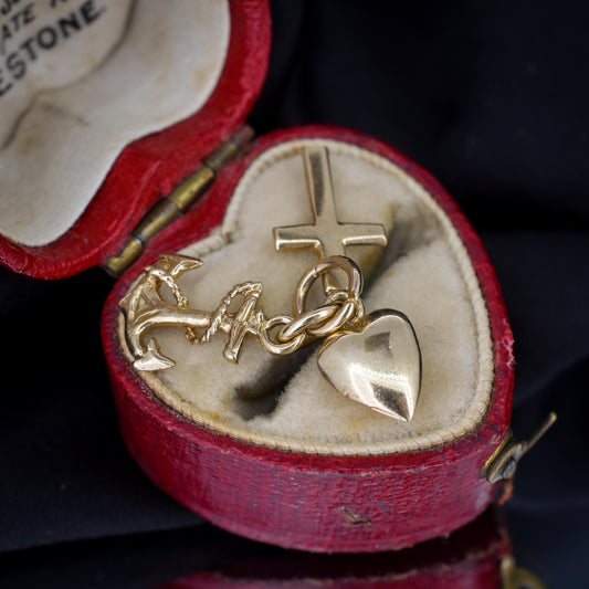Vintage 9ct Gold Triple Trio of Charms Faith Hope Charity - Cross Heart Anchor