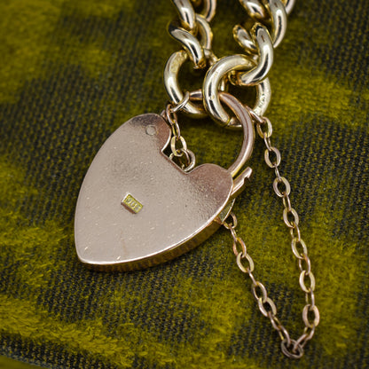 Antique Heart Padlock Curb 9ct Gold Bracelet | 7.5"