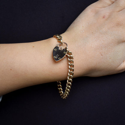 Antique Heart Padlock Curb 9ct Gold Bracelet | 7.5"