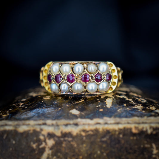 Antique Victorian Double Pearl and Ruby 18ct Gold Ring | Chester 1895