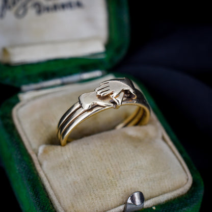 Vintage Love Heart Clasped Hand Fede Gimmel Puzzle 9ct Gold Ring