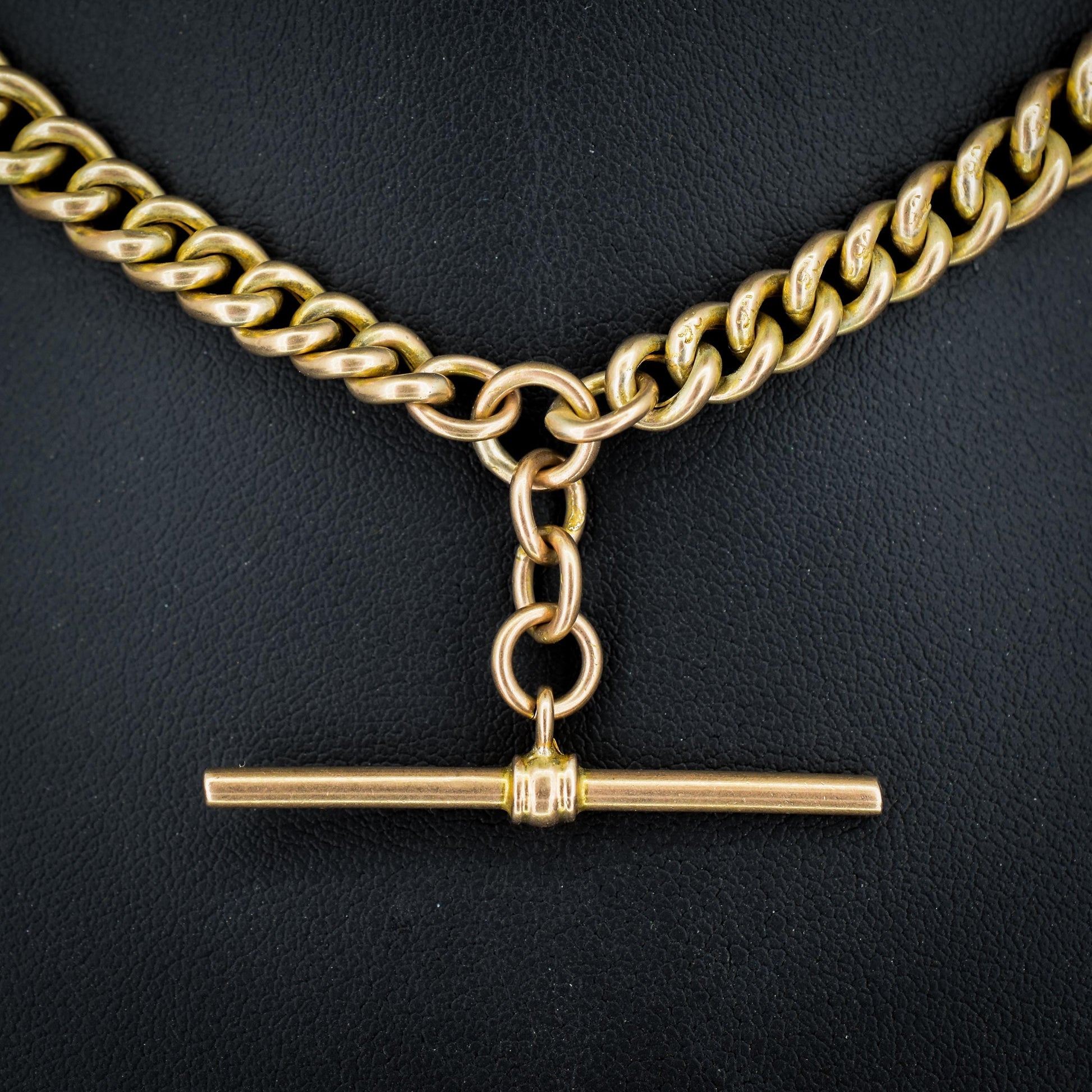 Antique 9ct Gold Graduated Curb Link Double Albert Watch Chain Necklace with T-bar - 14"