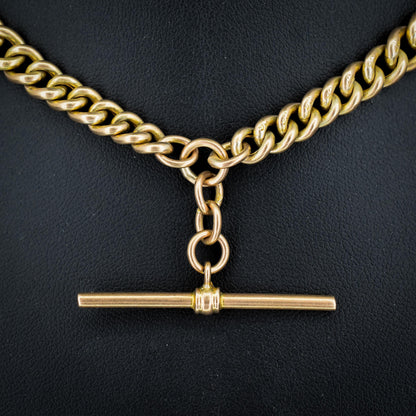 Antique 9ct Gold Graduated Curb Link Double Albert Watch Chain Necklace with T-bar - 14"