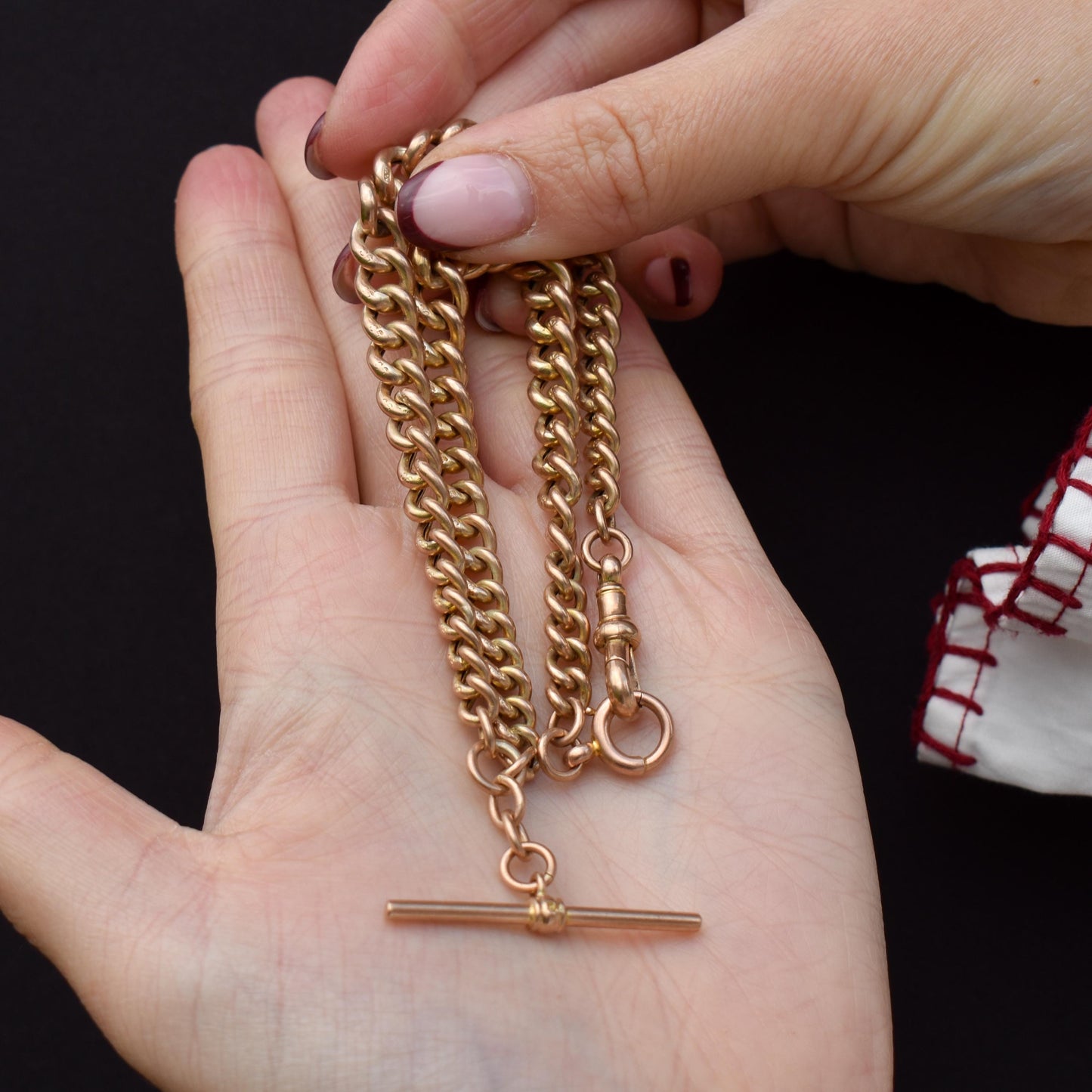 Antique 9ct Gold Graduated Curb Link Double Albert Watch Chain Necklace with T-bar - 14"