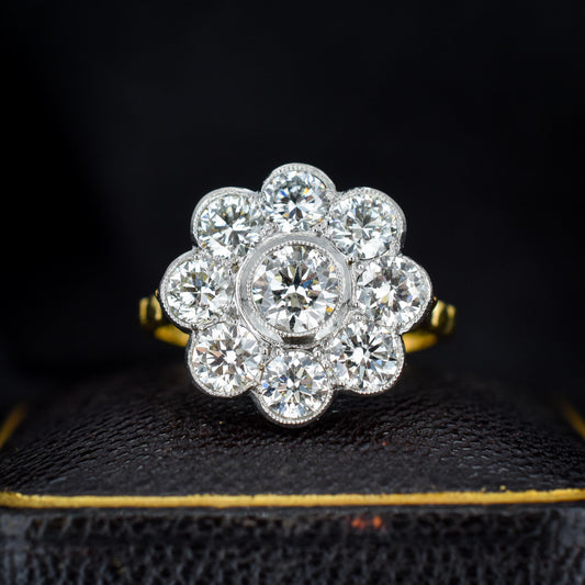 2.36ct Diamond Daisy Cluster Halo 18ct Yellow Gold and Platinum Ring | Antique Style