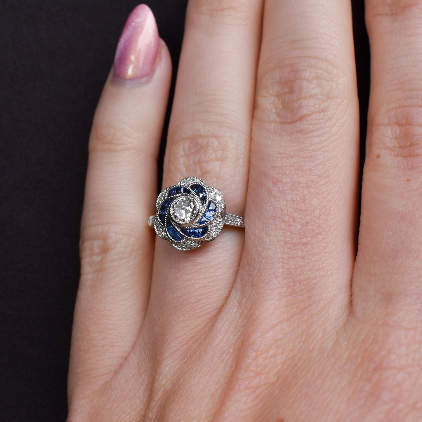 Art Deco Style Sapphire and Old Cut Diamond Flower Cluster Platinum Ring