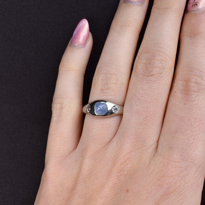 Sugarloaf Star Sapphire and Diamond Three Stone Platinum Band Ring