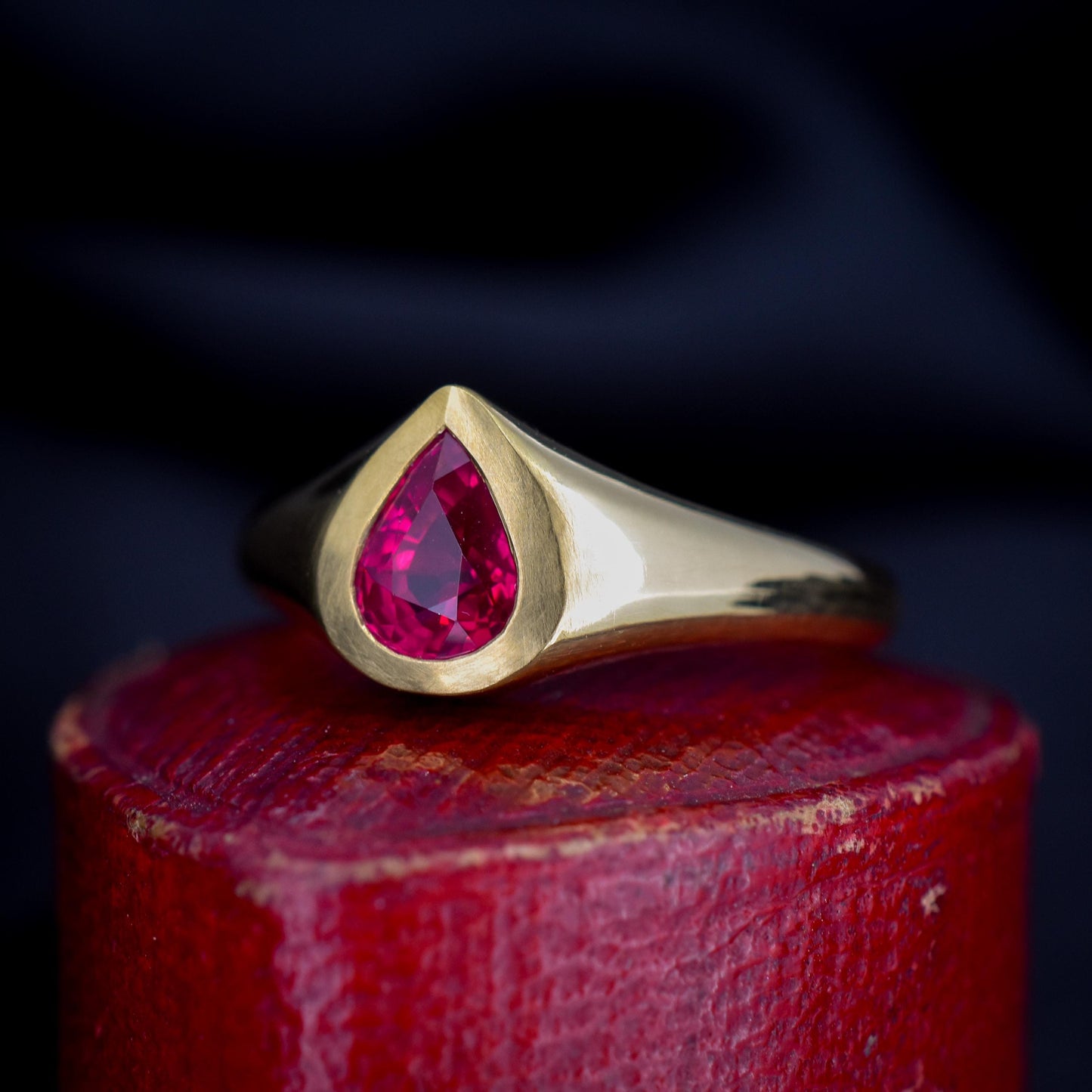 1.1ct Pear Cut Natural Ruby Solitaire 18ct Gold Signet Gypsy Ring