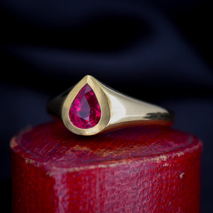 1.1ct Pear Cut Natural Ruby Solitaire 18ct Gold Signet Gypsy Ring