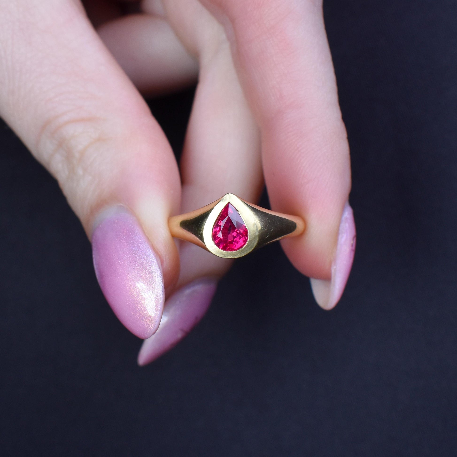 1.1ct Pear Cut Natural Ruby Solitaire 18ct Gold Signet Gypsy Ring