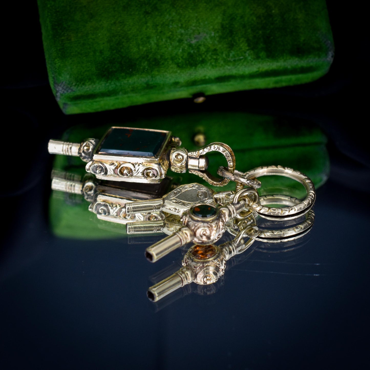 Antique Gold Cased Trio of Fobs Charms on Split Ring