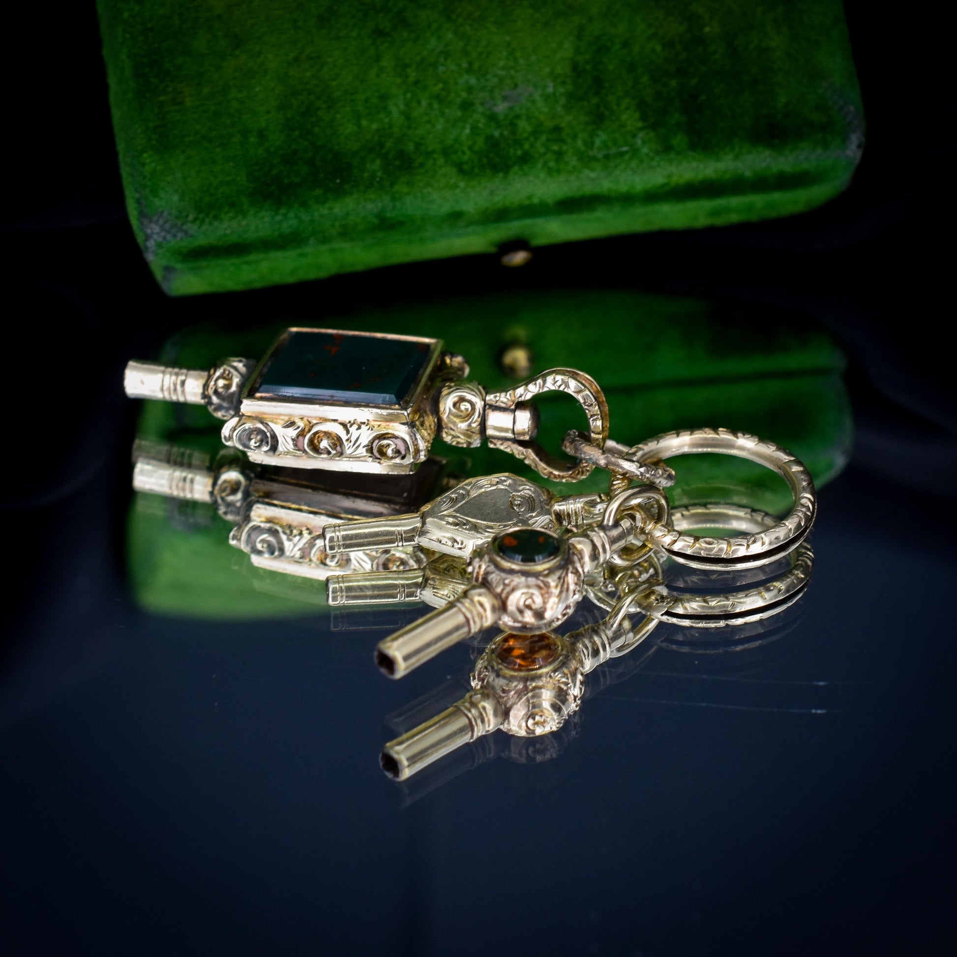 Antique Gold Cased Trio of Fobs Charms on Split Ring