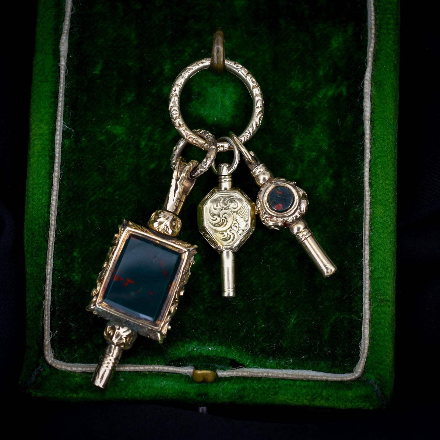 Antique Gold Cased Trio of Fobs Charms on Split Ring