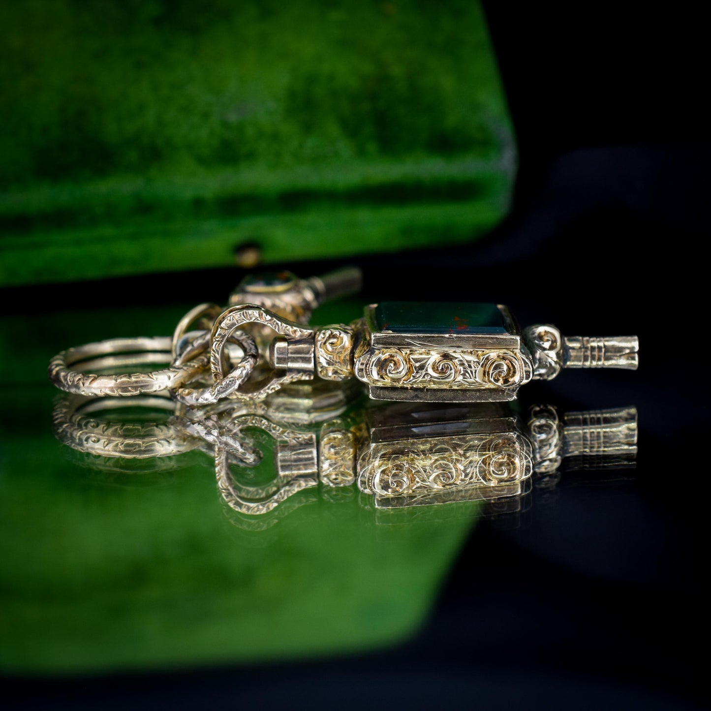 Antique Gold Cased Trio of Fobs Charms on Split Ring