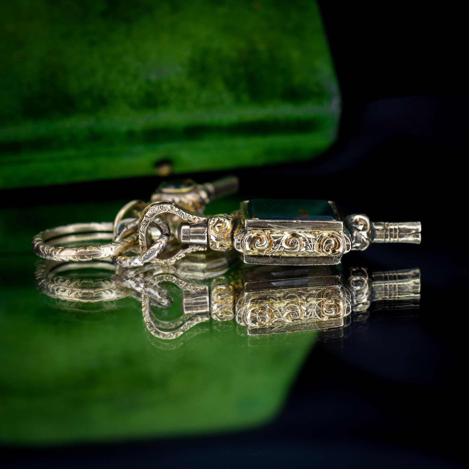 Antique Gold Cased Trio of Fobs Charms on Split Ring