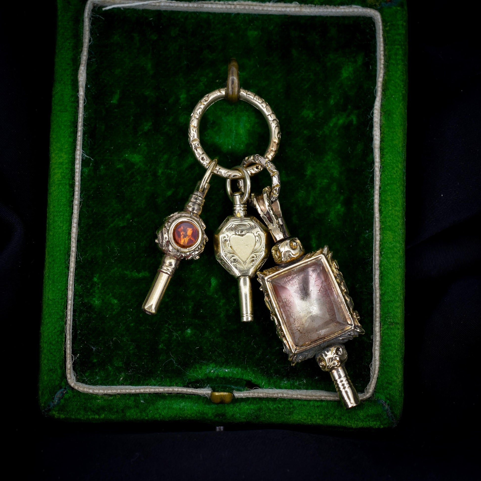 Antique Gold Cased Trio of Fobs Charms on Split Ring