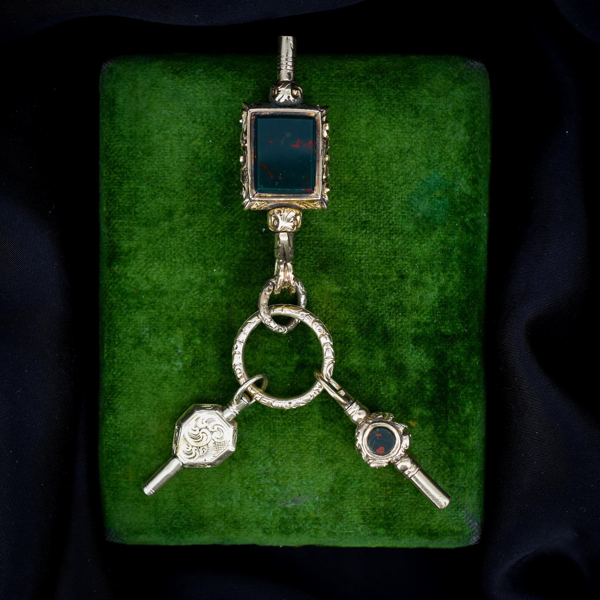 Antique Gold Cased Trio of Fobs Charms on Split Ring