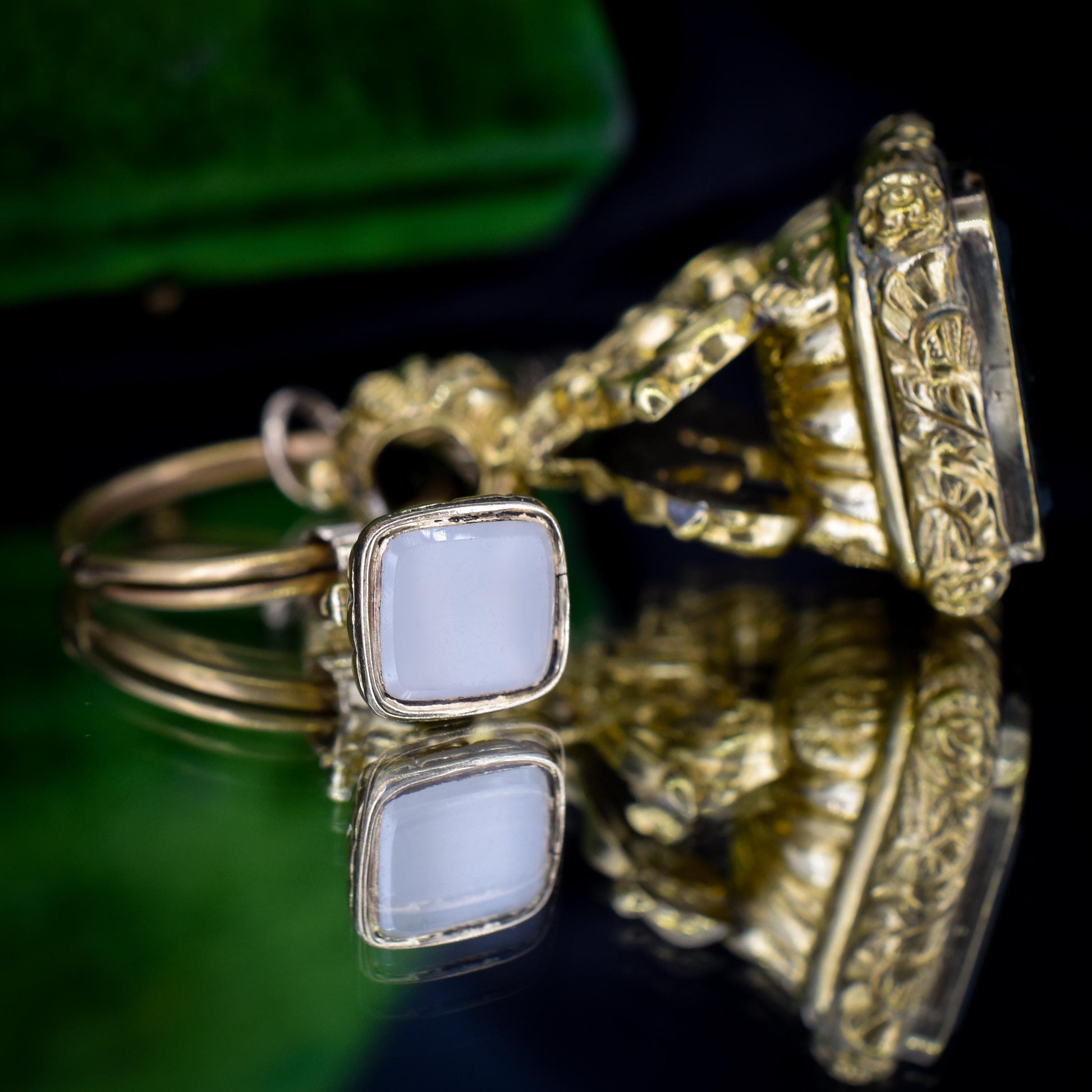 Antique Gold Cased Trio of Intaglio Fobs Charm with Split Ring