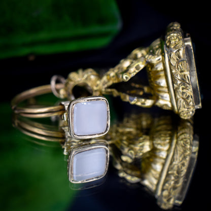 Antique Gold Cased Trio of Intaglio Fobs Charm with Split Ring