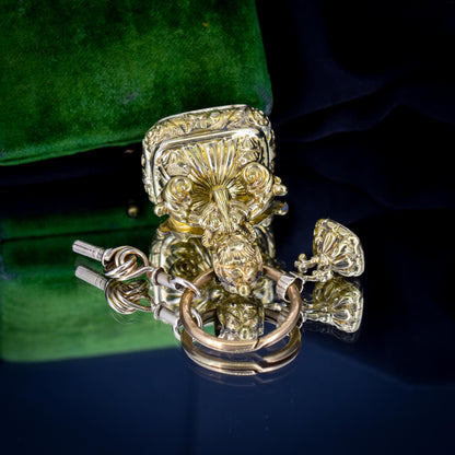 Antique Gold Cased Trio of Intaglio Fobs Charm with Split Ring