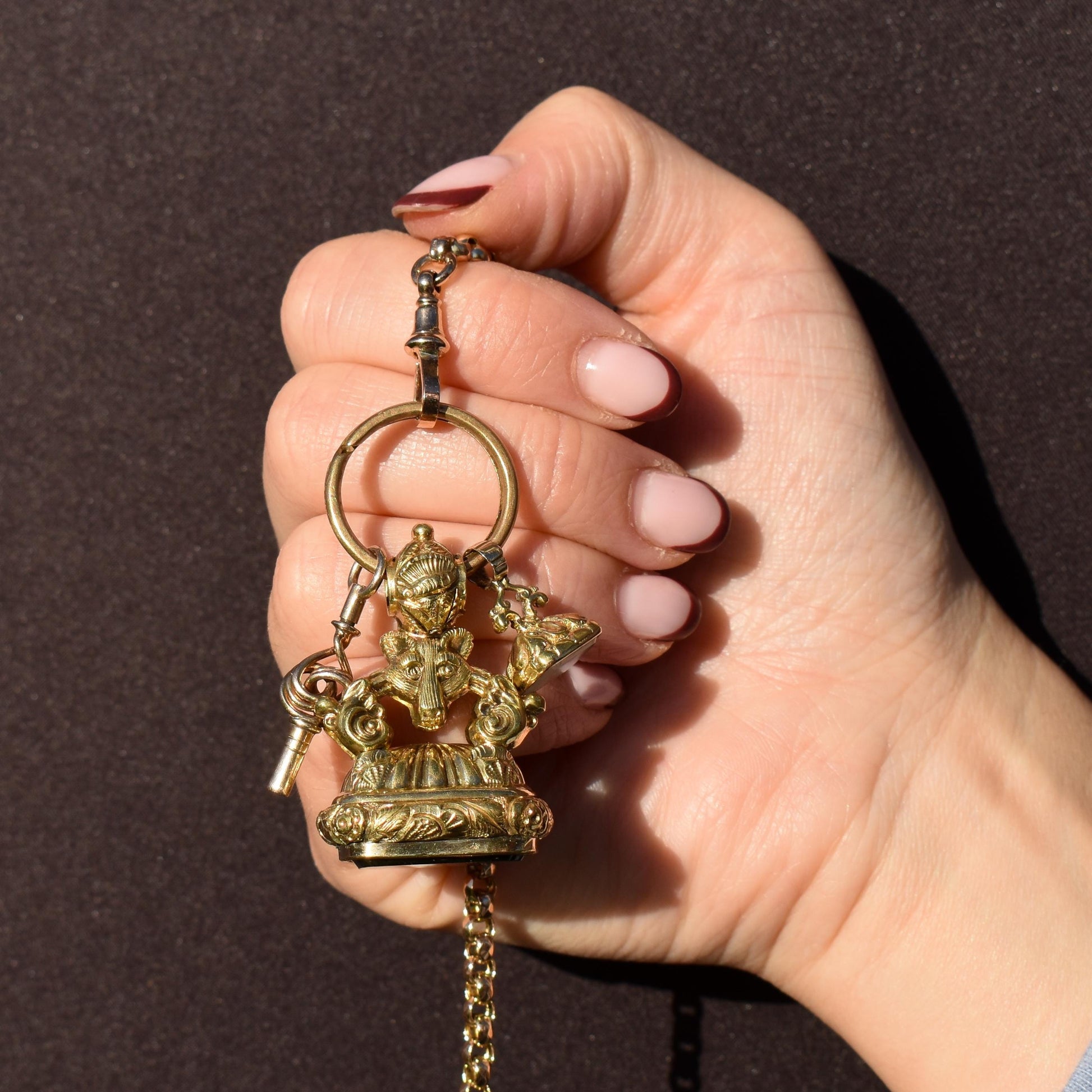 Antique Gold Cased Trio of Intaglio Fobs Charm with Split Ring