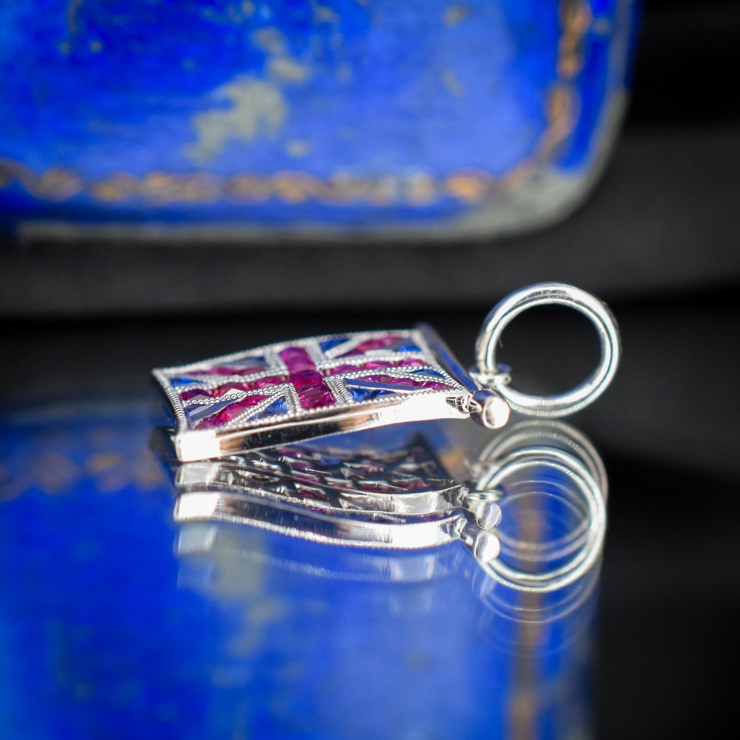 Ruby Sapphire Great British GB UK Flag Union Jack Platinum Charm Pendant