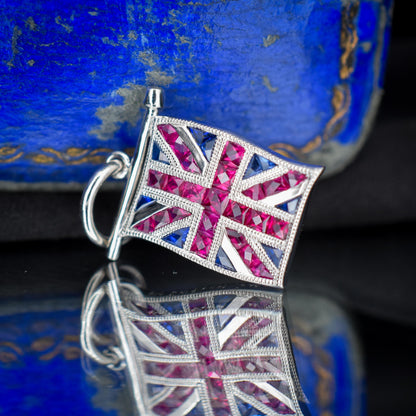 Ruby Sapphire Great British GB UK Flag Union Jack Platinum Charm Pendant
