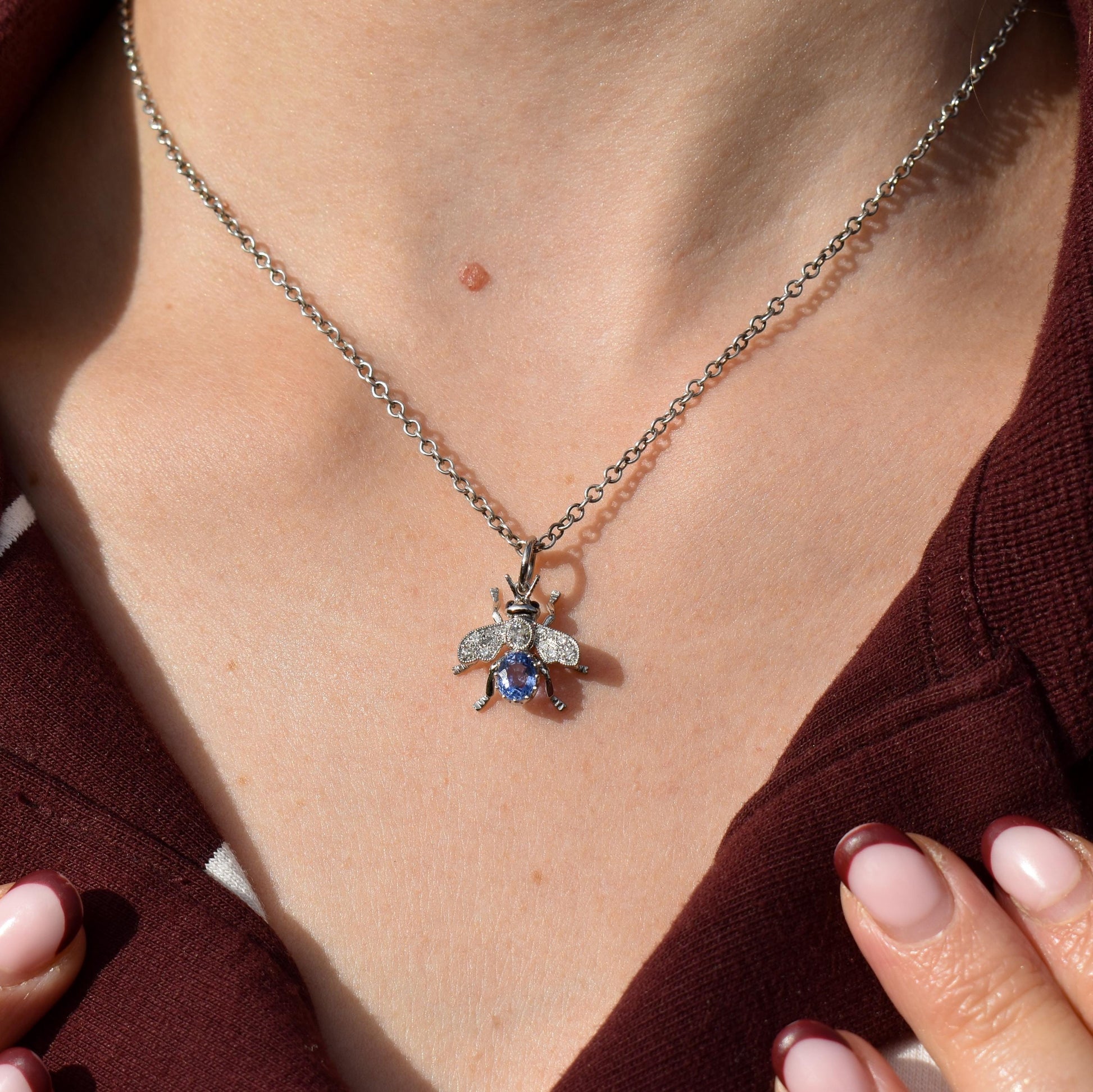 Ceylon Sapphire and Diamond Platinum Insect Bee Pendant