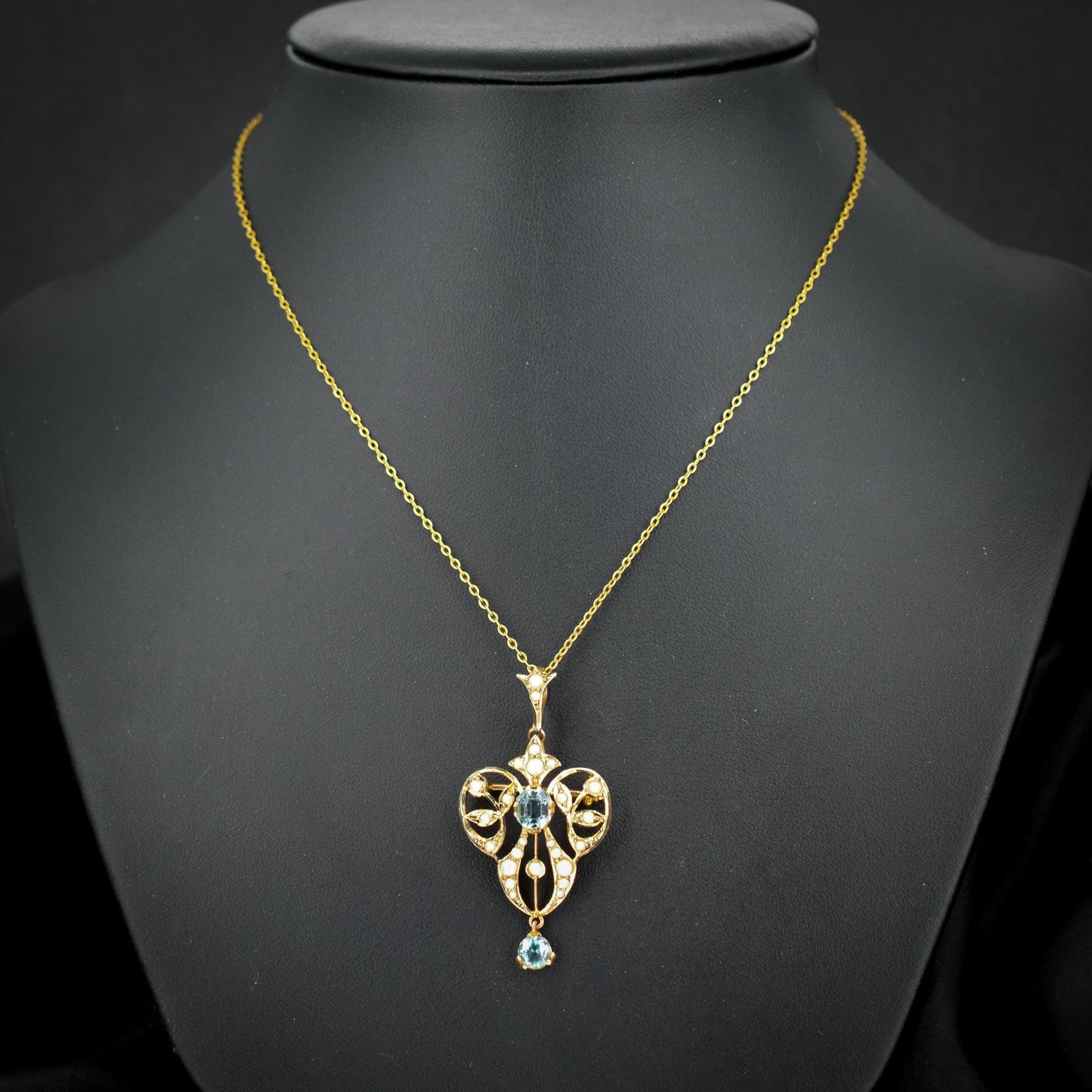 Antique Edwardian Blue Paste 9ct Gold Pendant and Chain Necklace | 15" Length