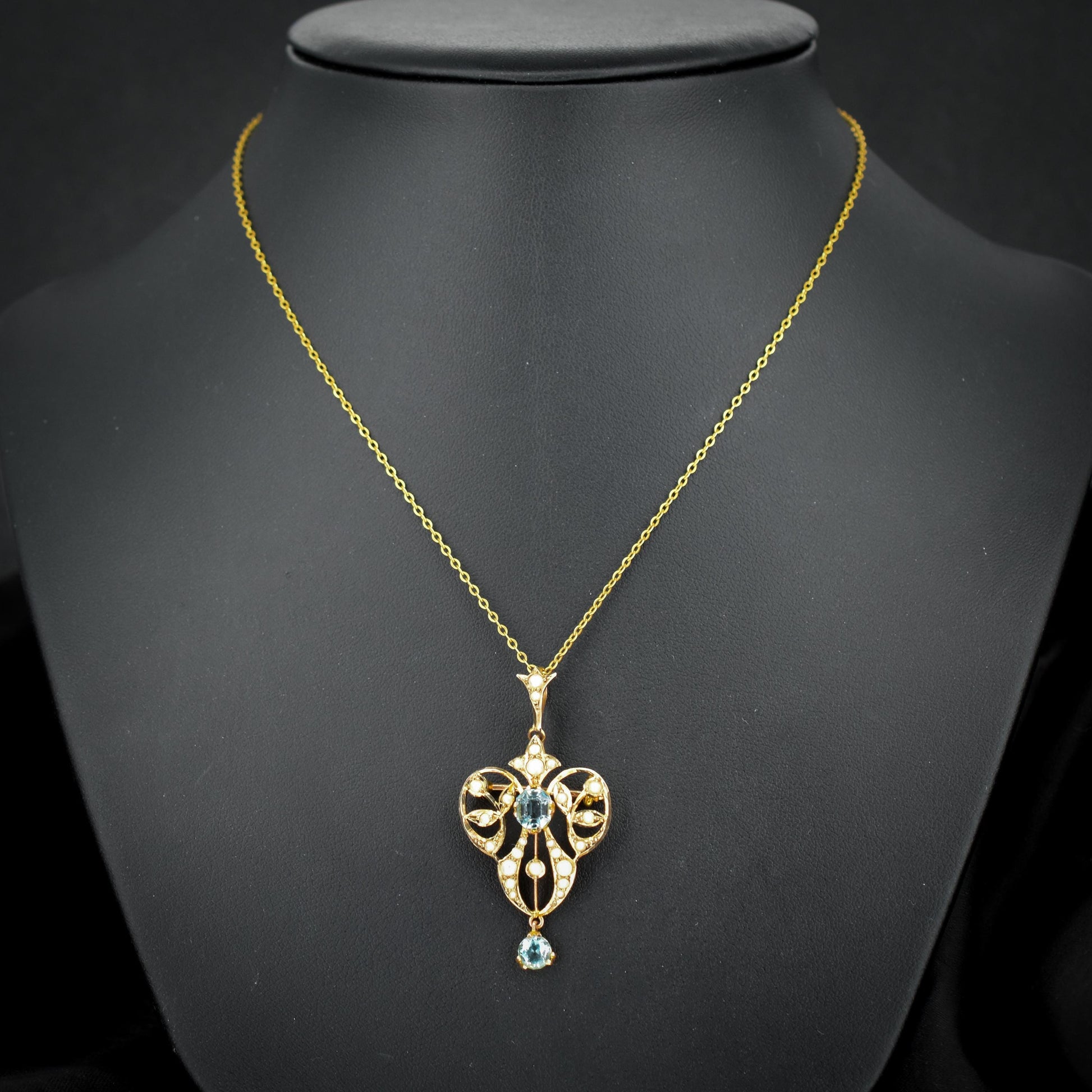 Antique Edwardian Blue Paste 9ct Gold Pendant and Chain Necklace | 15" Length