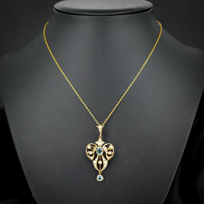 Antique Edwardian Blue Paste 9ct Gold Pendant and Chain Necklace | 15" Length