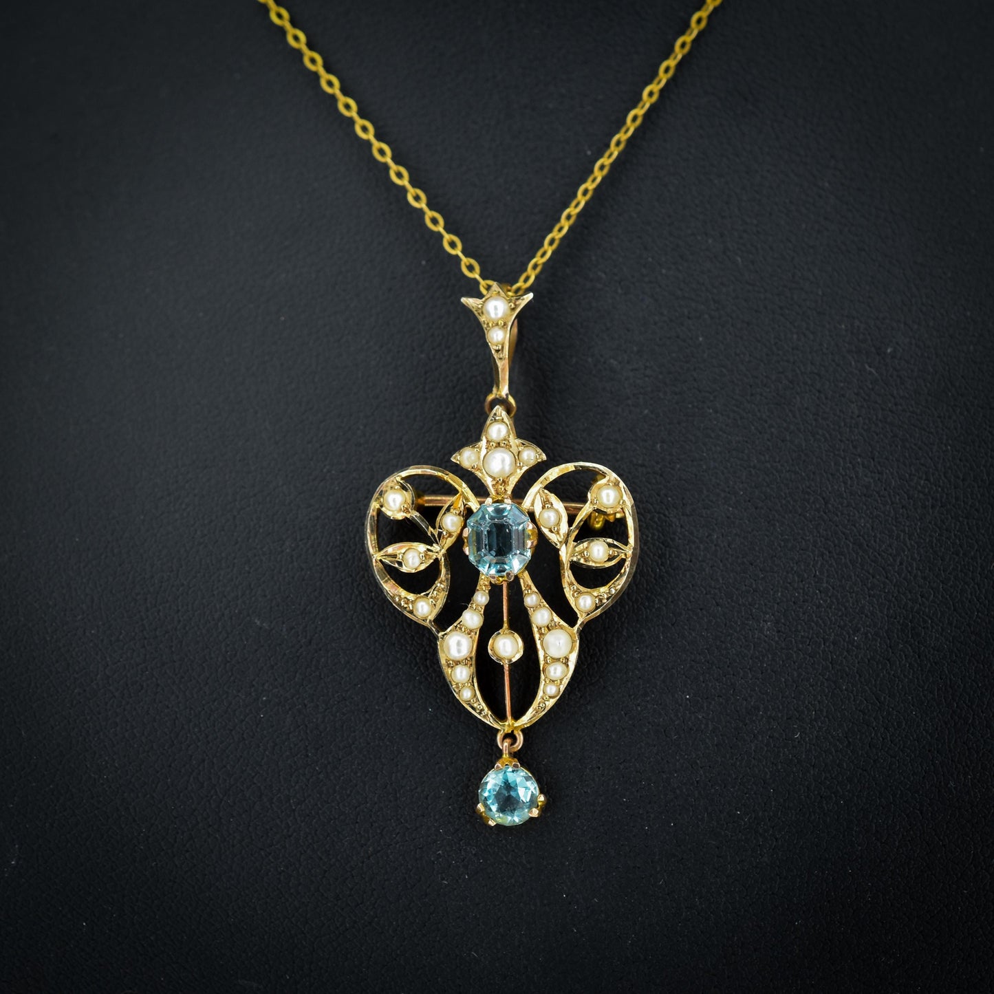 Antique Edwardian Blue Paste 9ct Gold Pendant and Chain Necklace | 15" Length