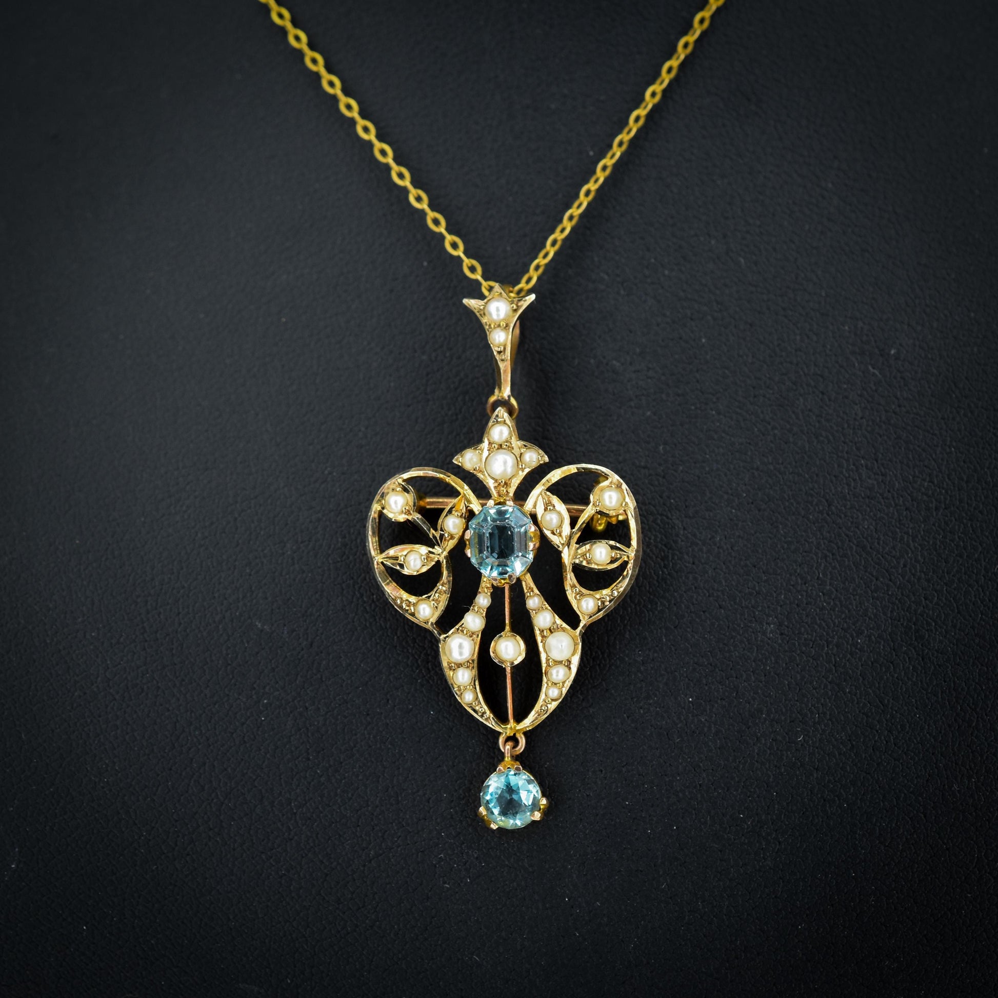 Antique Edwardian Blue Paste 9ct Gold Pendant and Chain Necklace | 15" Length