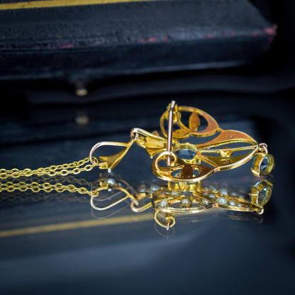 Antique Edwardian Blue Paste 9ct Gold Pendant and Chain Necklace | 15" Length