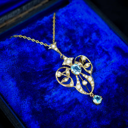 Antique Edwardian Blue Paste 9ct Gold Pendant and Chain Necklace | 15" Length