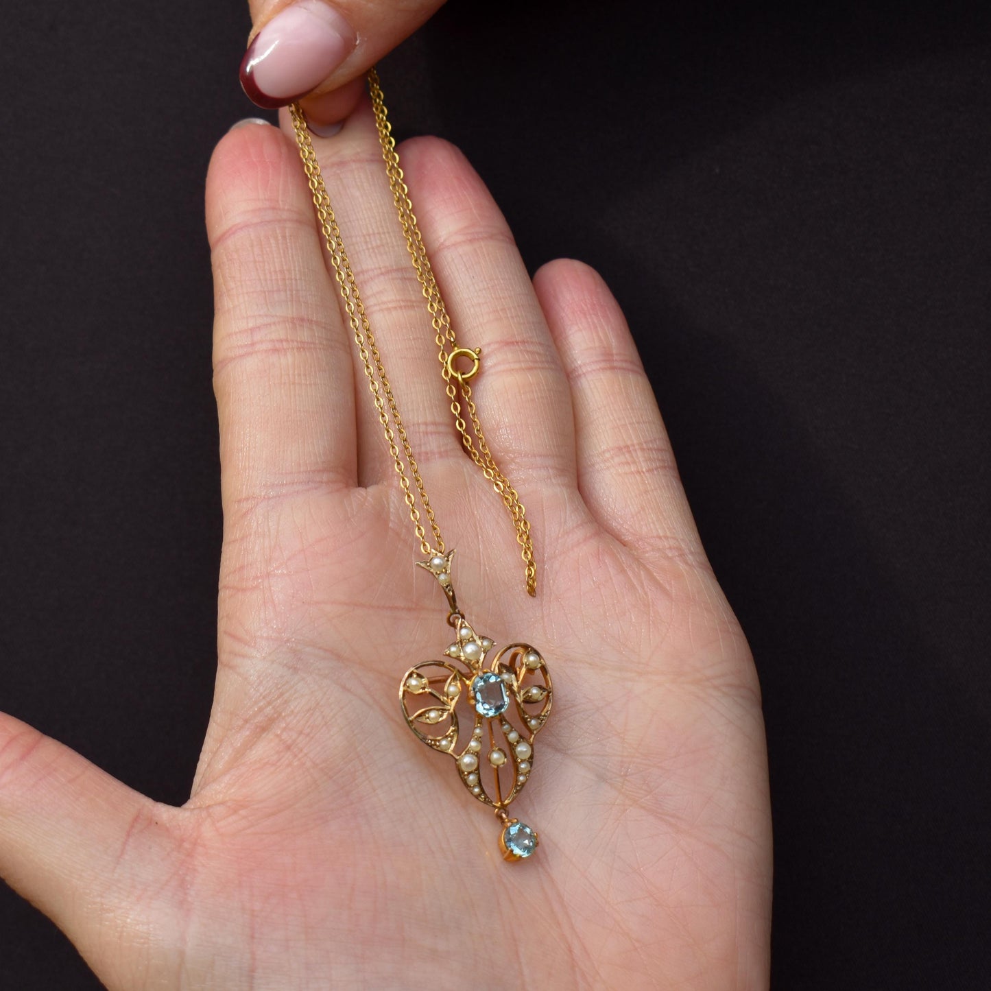 Antique Edwardian Blue Paste 9ct Gold Pendant and Chain Necklace | 15" Length